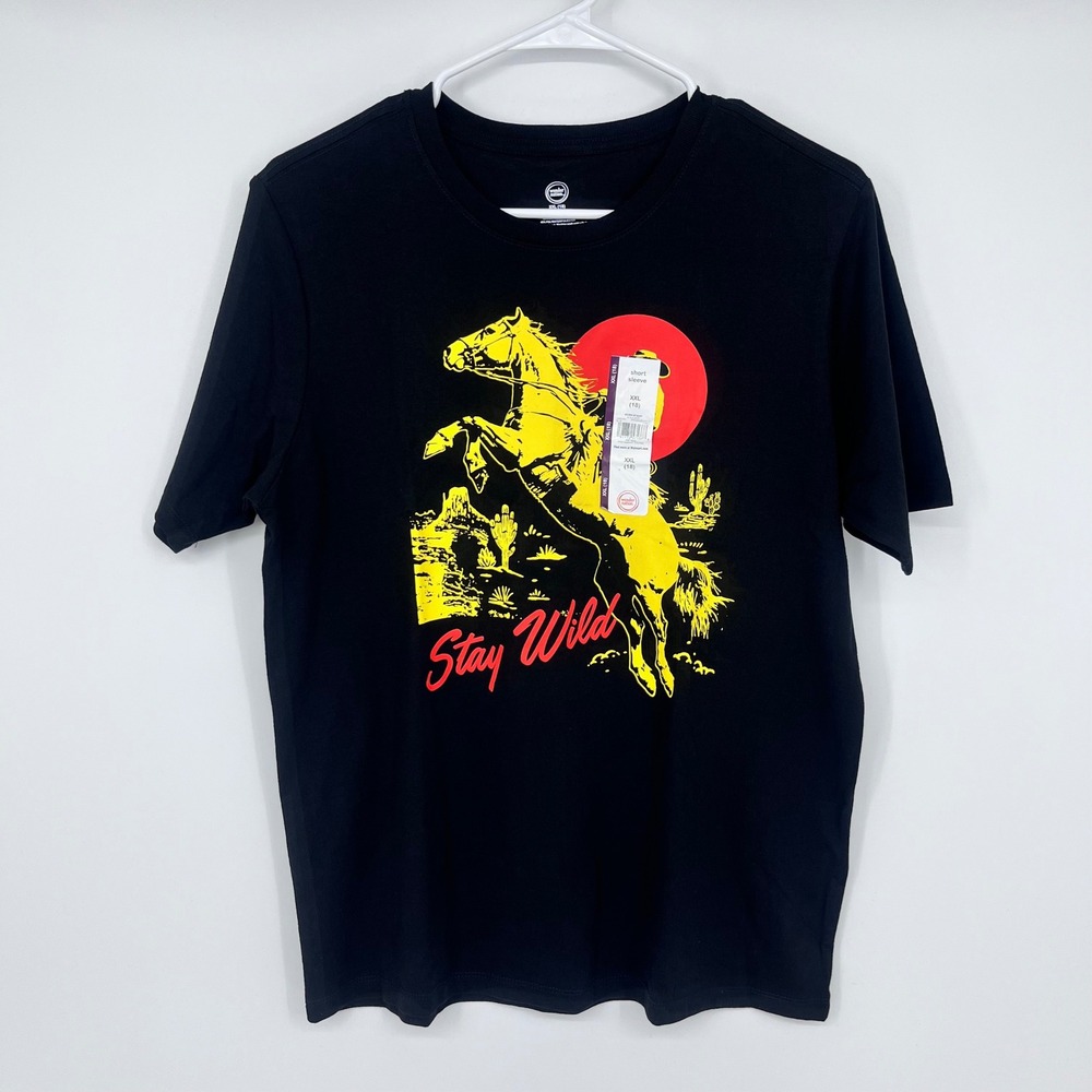 Stay‎ Wild Cowboy Horse Western Shirt Graphic Kids XXL 18 Black Rodeo Casual Tee